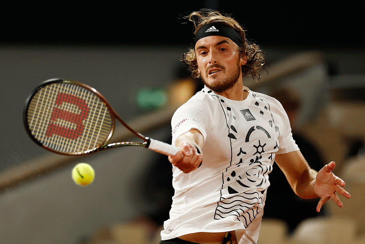 Greece's Stefanos Tsitsipas in action during his first round match against Italy's Lorenzo Musetti