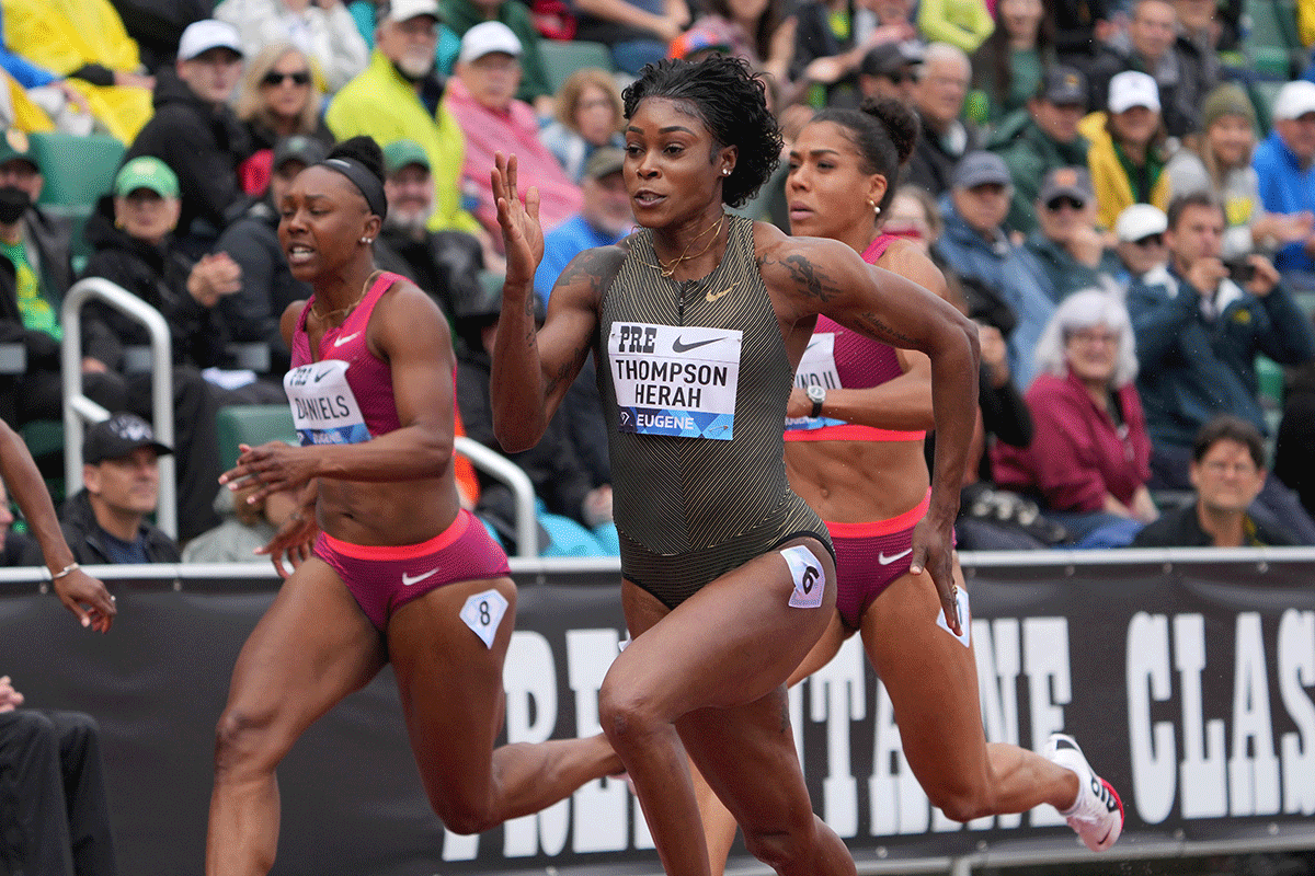 Jamaica's Elaine Thompson-Herah wins the women's 100m in 10.45 during the 47th Prefontaine Classic at Hayward Field in Eugene, Oregon, USA, on Saturday.