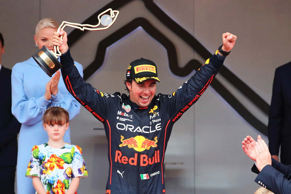 Race winner Sergio Perez of Mexico and Oracle Red Bull Racing celebrates on the podium on winning the Monaco F1 Grand Prix at Circuit de Monaco in Monte-Carlo, Monaco, on Sunday.
