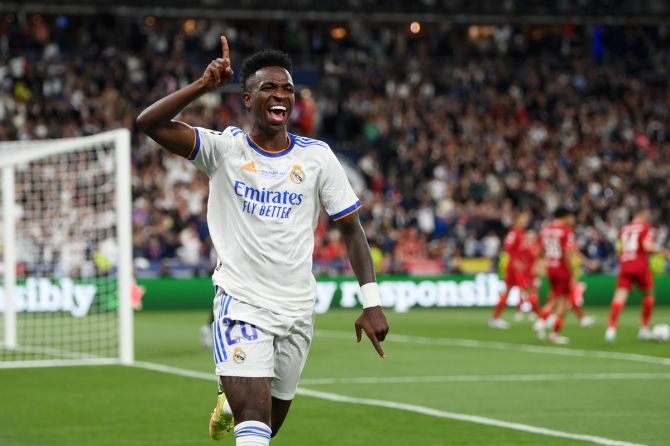 Vinicius Junior celebrates after scoring what turned out to be the winning goal of the UEFA Champions League final