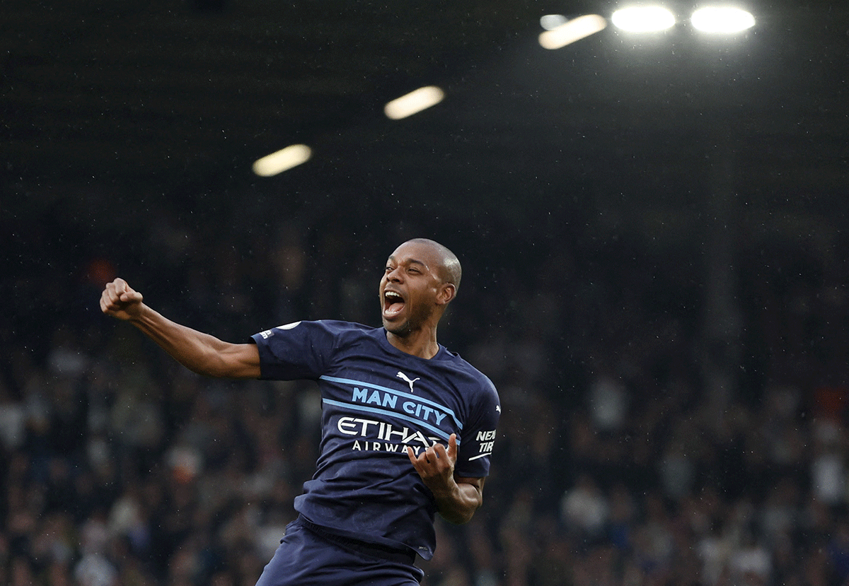 Manchester City's Fernandinho celebrates scoring their fourth goal against Leeds United at Elland Road, Leeds, Britain