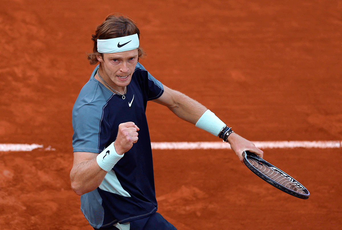 Russia's Andrey Rublev reacts during his fourth round match against Italy's Jannik Sinner 