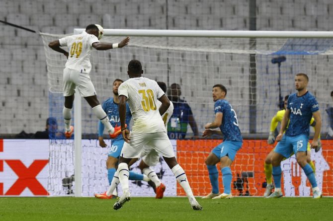 Chancel Mbemba puts Olympique de Marseille's ahead with a towering header.