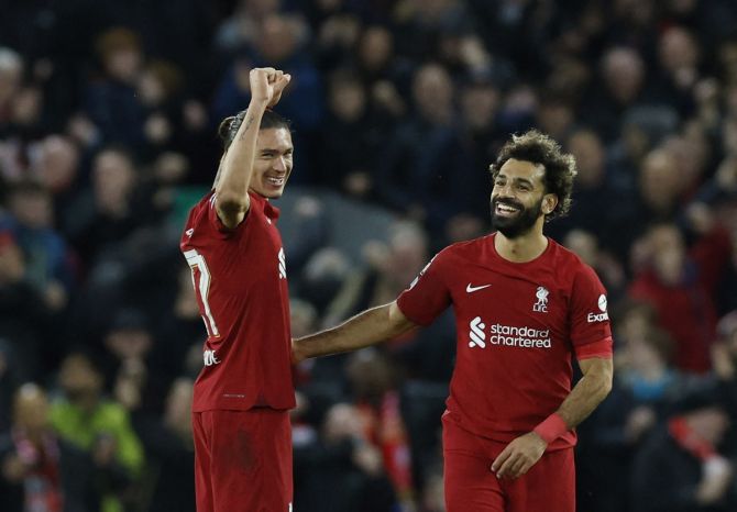 Darwin Nunez celebrates scoring Liverpool's second goal with Mohamed Salah.