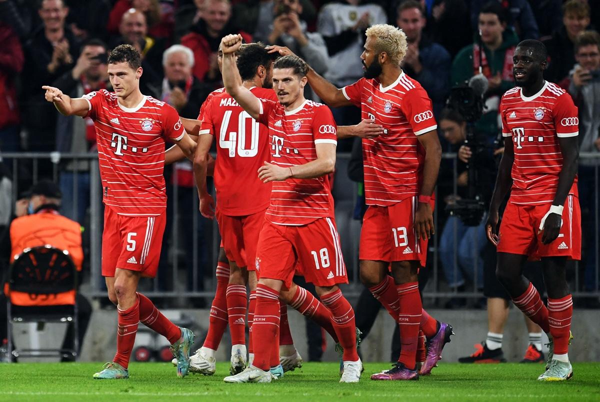 Benjamin Pavard celebrates scoring Bayern Munich's first goal with Marcel Sabitzer during the Champions League Group C match against Inter Milan, at Allianz Arena, Munich, Germany.