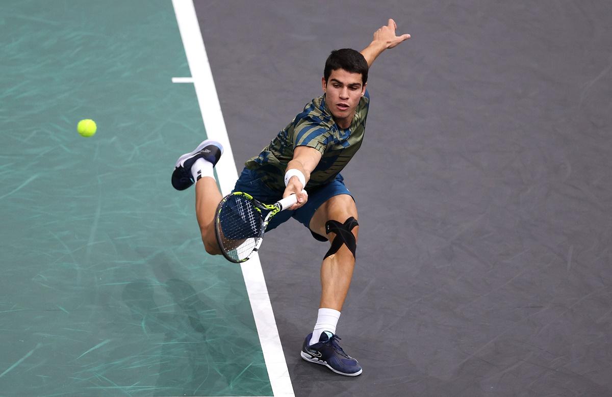 Spain's Carlos Alcaraz in action against Japan's Yoshihito Nishioka.