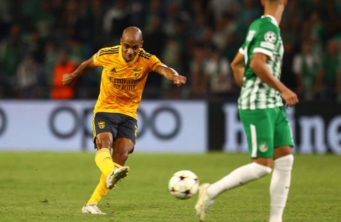 Joao Mario scores Benfica's sixth goal during the Champions League Group H match against Maccabi Haifa, at Sammy Ofer Stadium, Haifa, Israel.