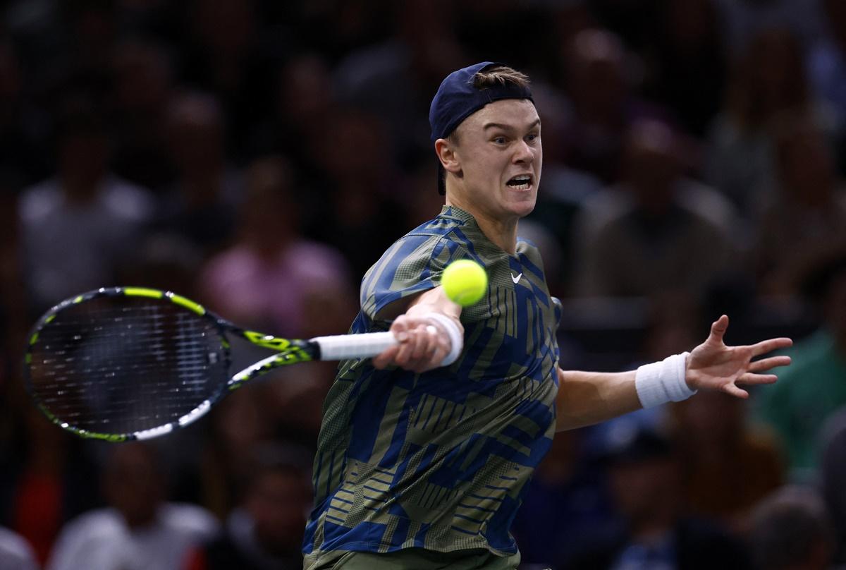 Denmark's Holger Rune in action during his quarter-final against Spain's Carlos Alcaraz in the Paris Masters, at Accor Arena, Paris, France, on Saturday.