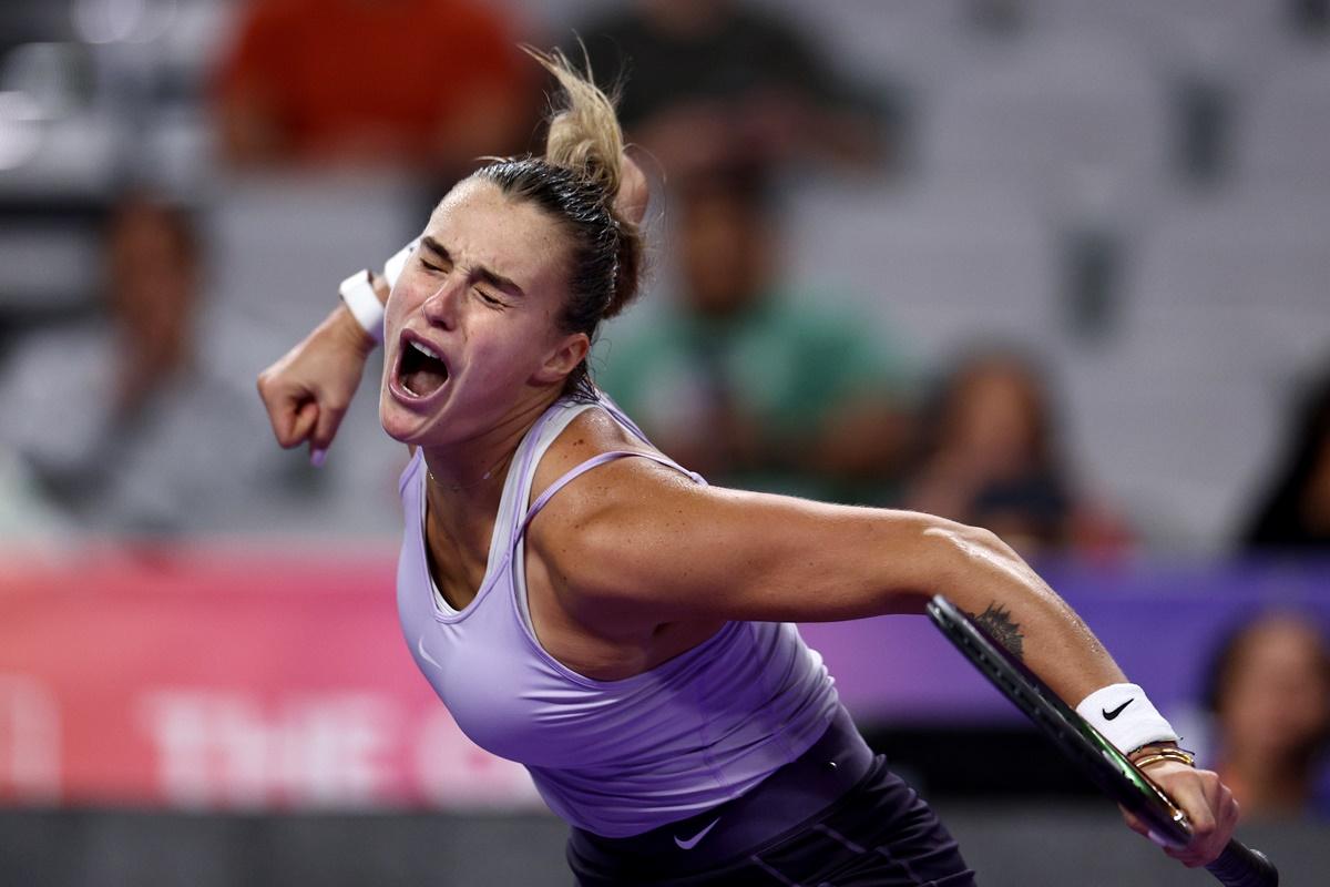 Aryna Sabalenka celebrates defeating Jessica Pegula in the women's singles group stage WTA Finals match, at Dickies Arena in Fort Worth, Texas. 