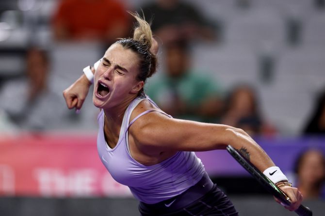 Aryna Sabalenka celebrates defeating Jessica Pegula in the women's singles group stage WTA Finals match, at Dickies Arena in Fort Worth, Texas. 