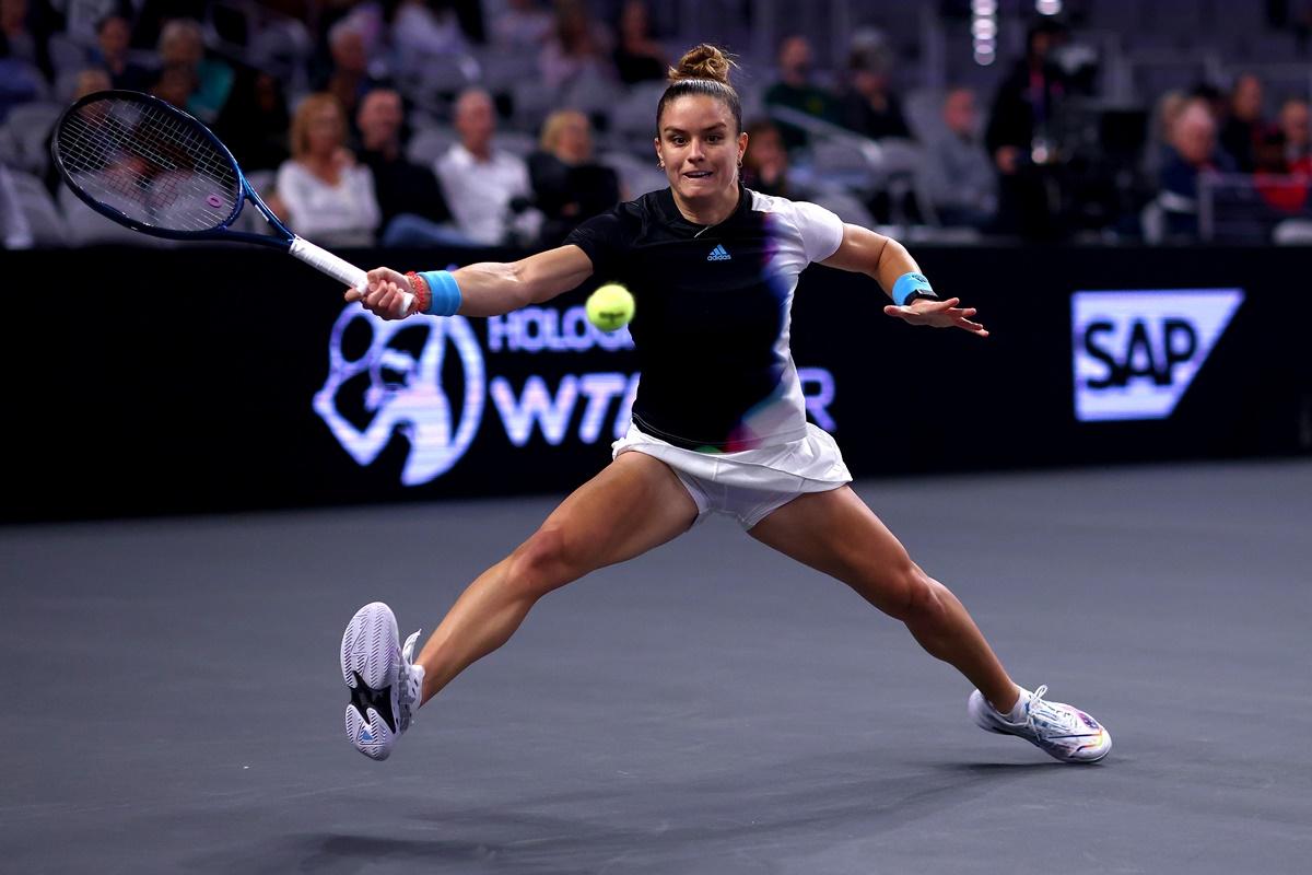 Greece's Maria Sakkari returns a shot against Tunisia's Ons Jabeur during the WTA Finals women's singles group match, at Dickies Arena in Fort Worth, Texas, on Friday.