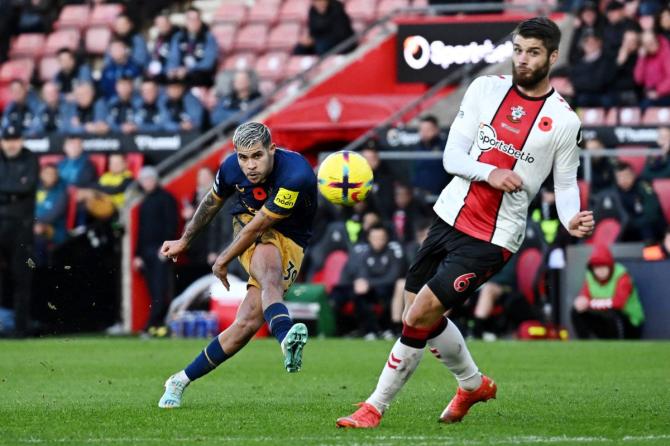 Newcastle United's Bruno Guimaraes scores their fourth goal