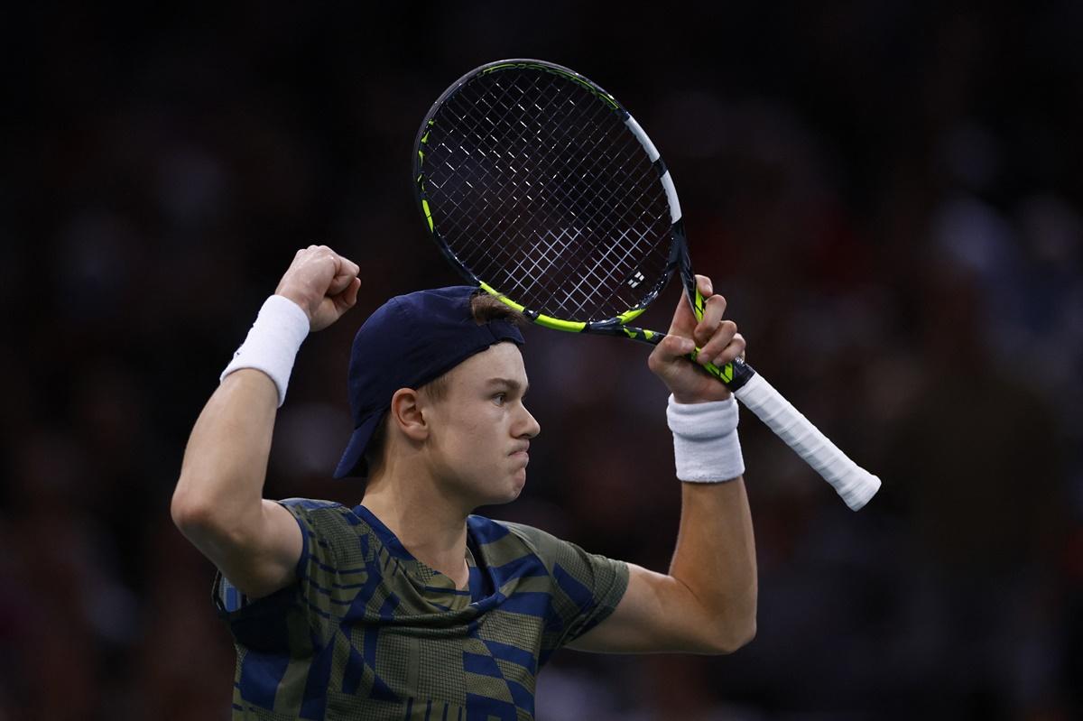 Denmark's Holger Rune celebrates winning his semi-final against Canada's Felix Auger-Aliassime.