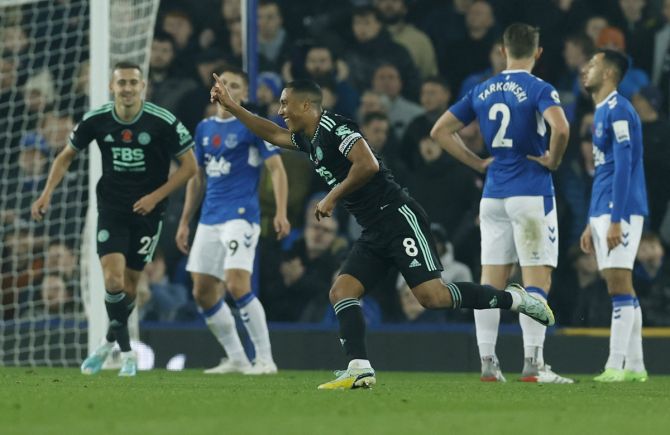 Youri Tielemans celebrates scoring Leicester City's first goal against Everton, at Goodison Park, Liverpool.