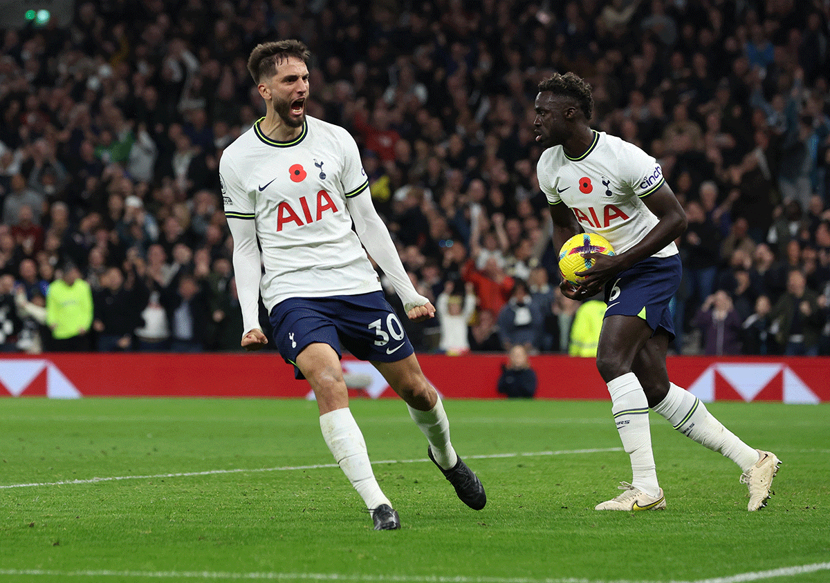 Tottenham Hotspur's Rodrigo Bentancur celebrates scoring their third goal against Leeds United at Tottenham Hotspur Stadium, London