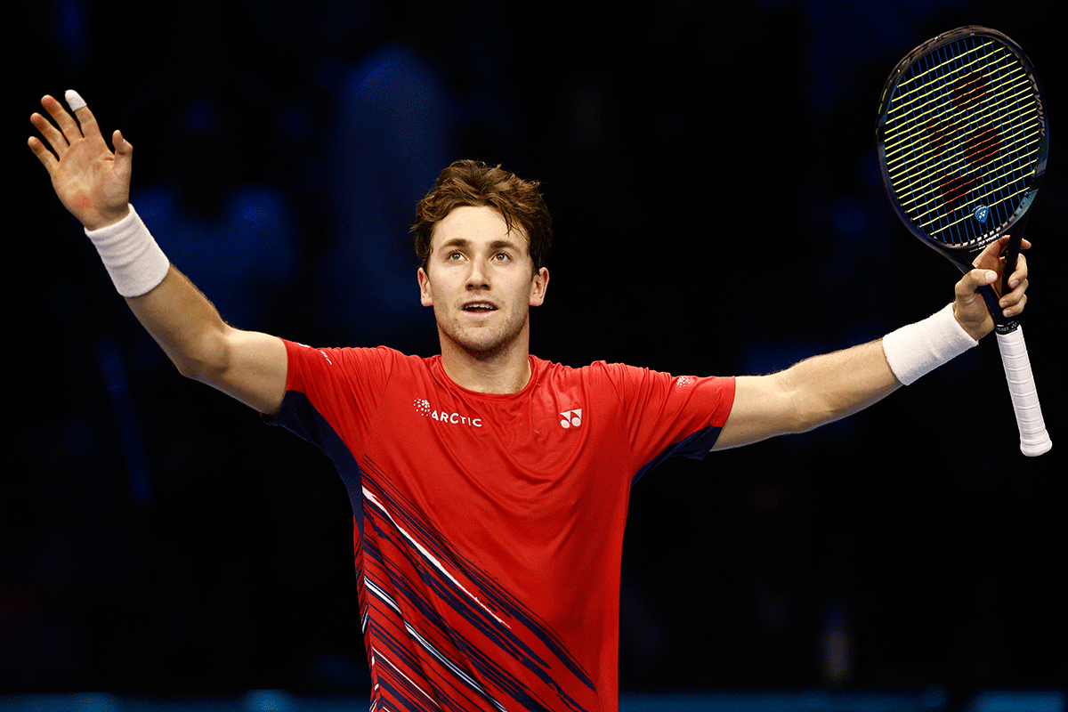 Norway's Casper Ruud celebrates after defeating Canada's Felix Auger-Aliassime on winning his group stage match of the ATP Finals Turin at Pala Alpitour, Turin, Italy on Sunday 