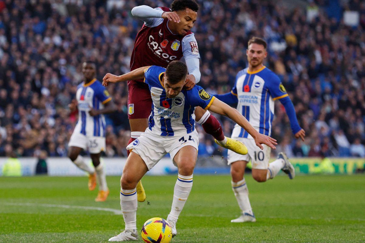 Brighton & Hove Albion's Joel Veltman in action with Aston Villa's Cameron Archer