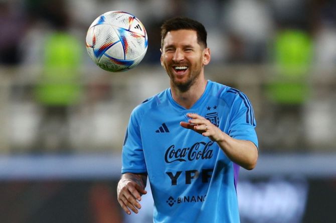 Argentina's Lionel Messi in a cheery mood during training.