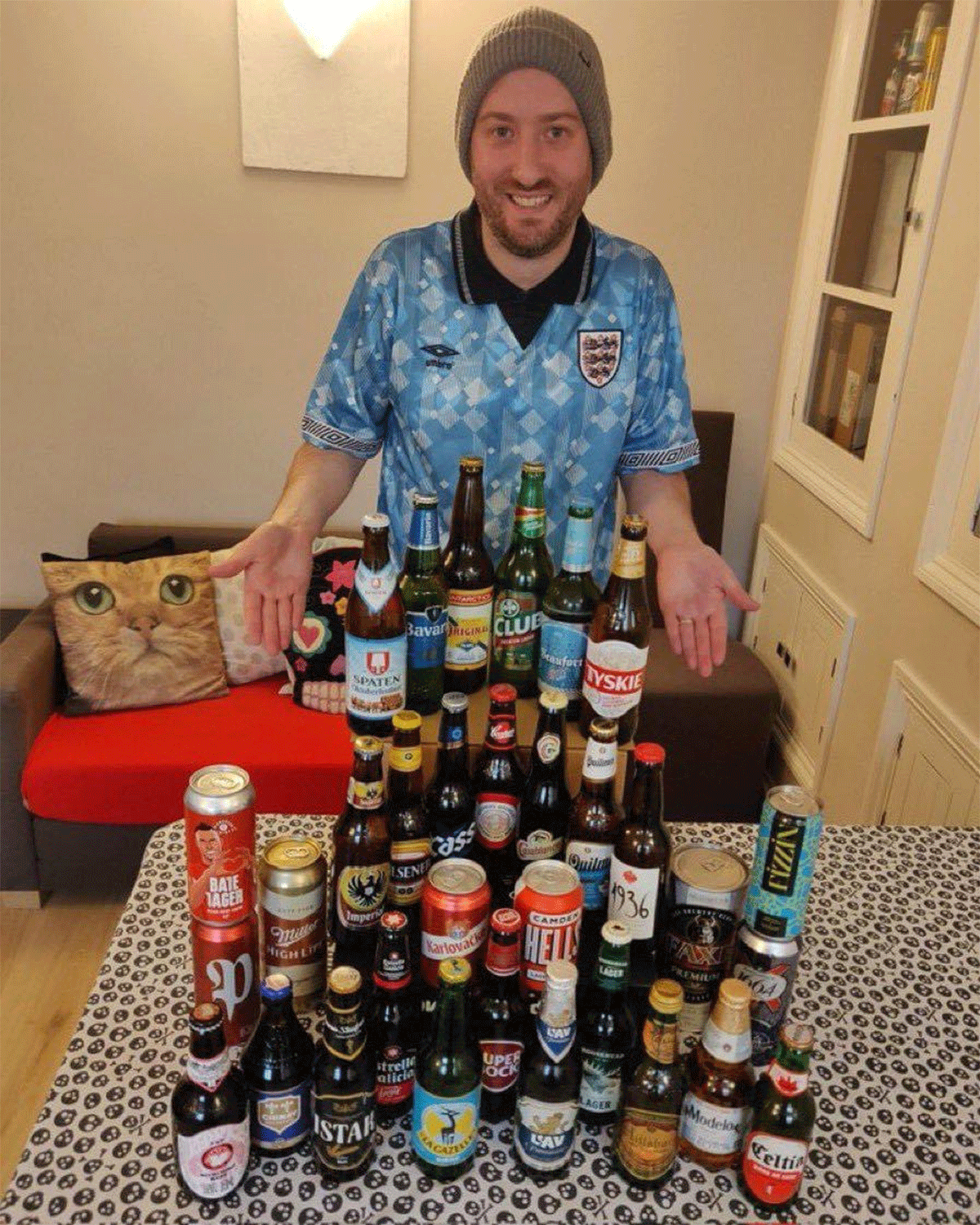 A football fan from England bought beers from all 32 countries playing at the 2022 World Cup in Qatar. 