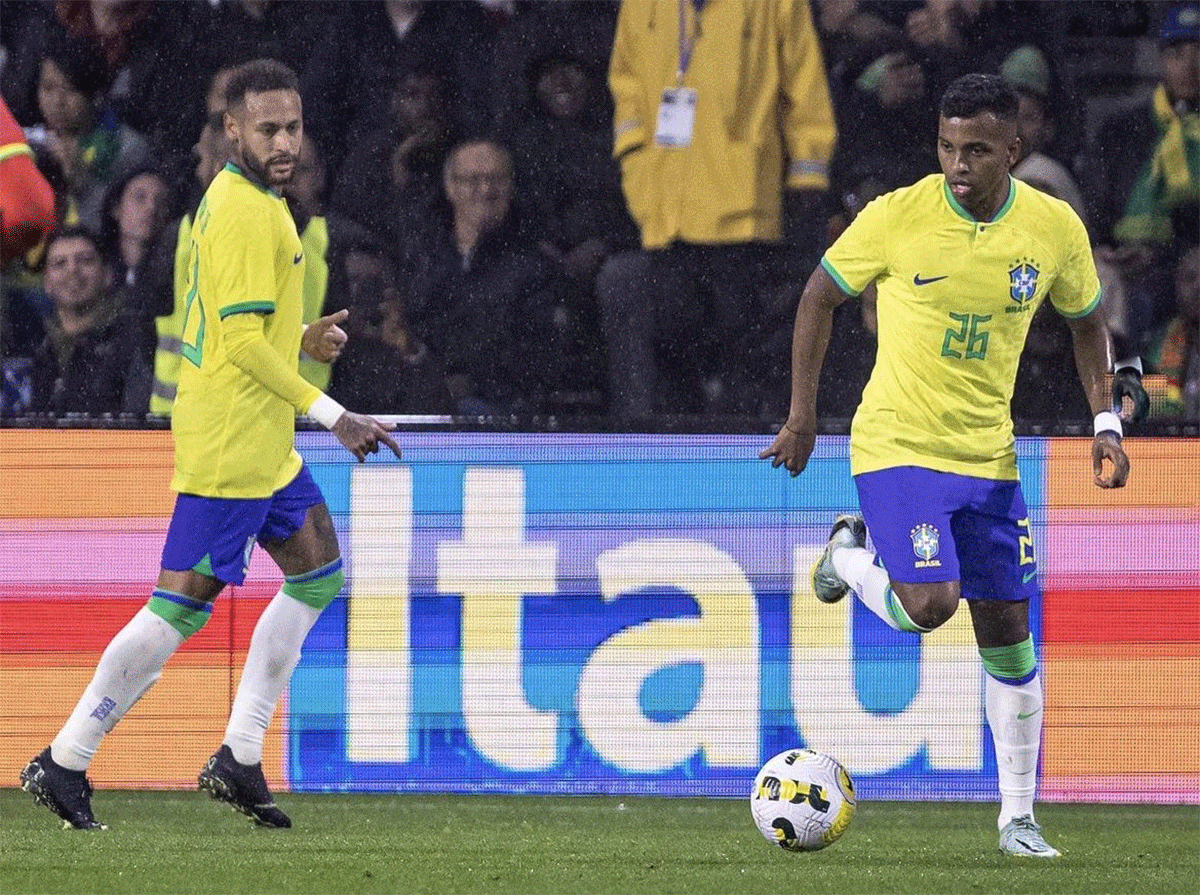 Brazil's Neymar and Rodrygo. Rodrygo said arch-rivals Argentina could pose a threat after their continental success.