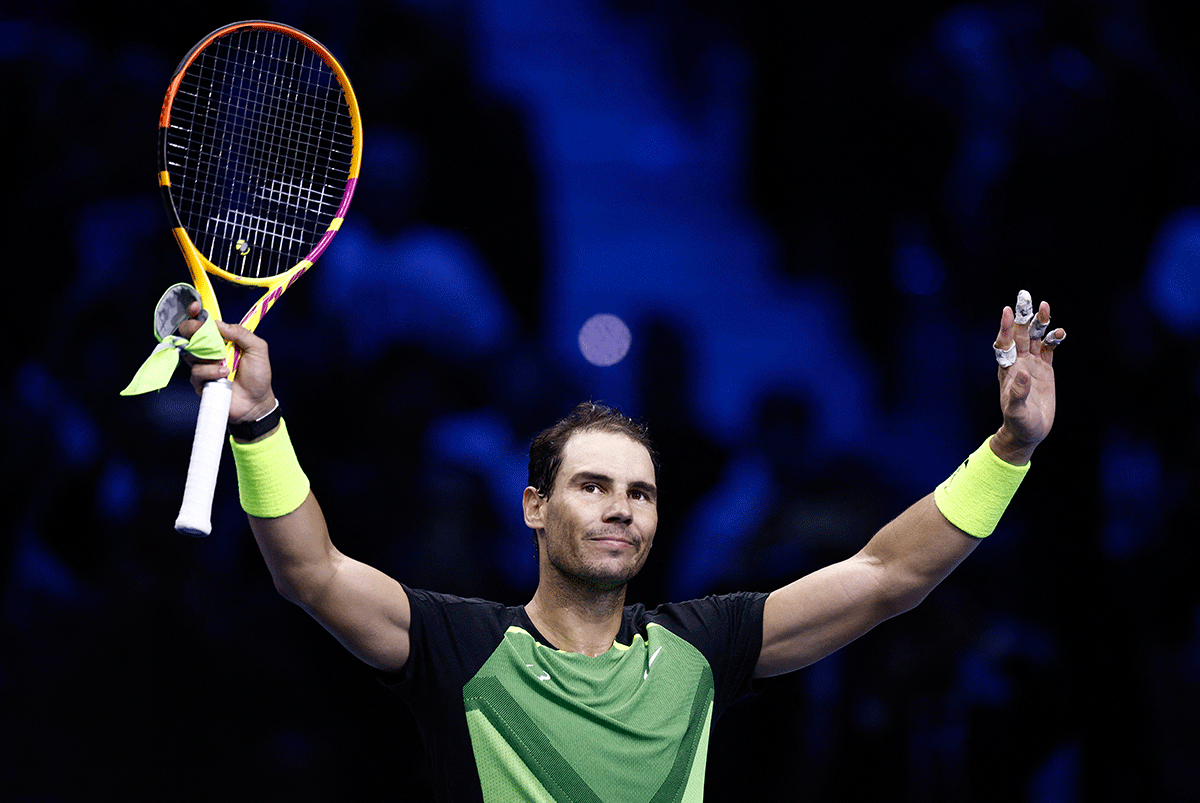 Spain's Rafael Nadal celebrates after winning his group stage match against Norway's Casper Ruud at the ATP Finals Turin in Pala Alpitour, Turin, Italy, on Thursday 