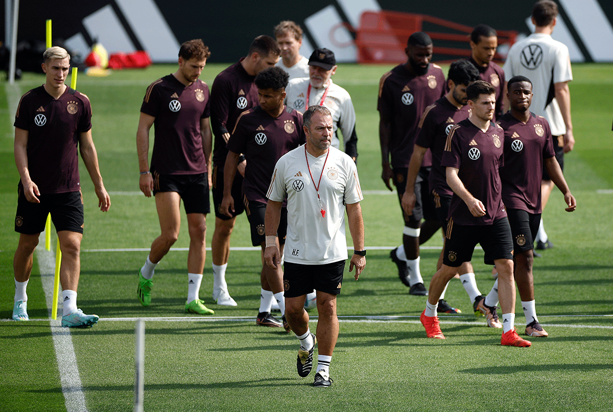 Germany coach Hansi Flick and players during training at  Al Shamal Stadium, Al Shamal, Qatar, on Friday