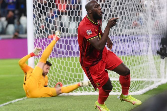 Romelu Lukaku of Belgium celebrates scoring a goal
