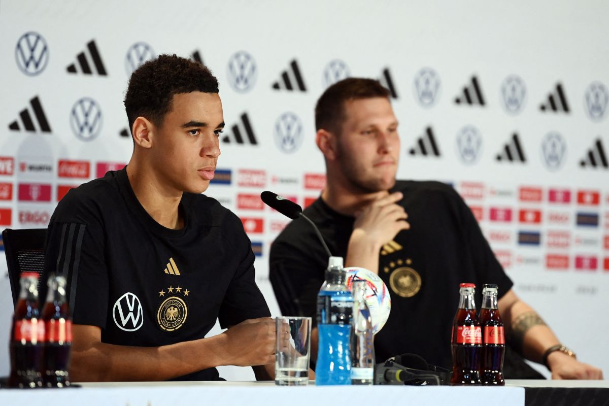 Germany's Jamal Musiala and Niklas Sule during a press conference.