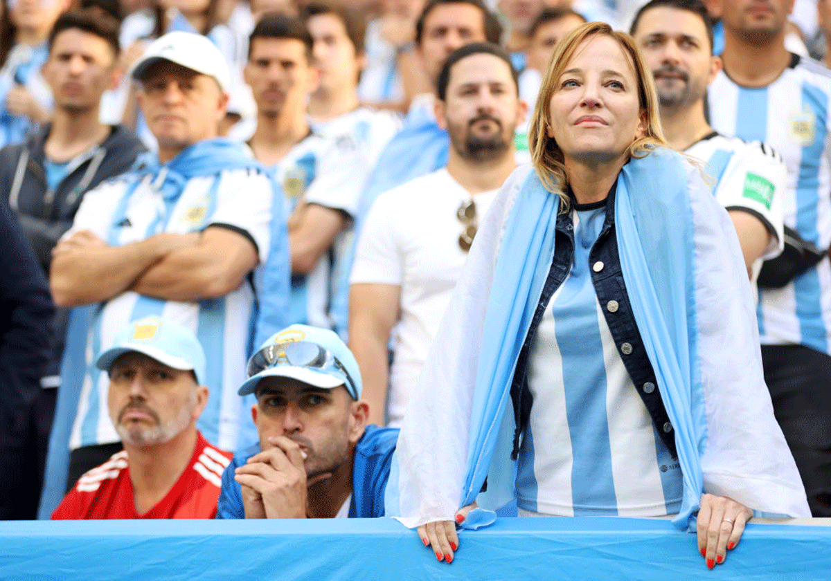 Argentina fans react after the 2-1 loss to Saudi Arabia at Lusail Stadium on Tuesday