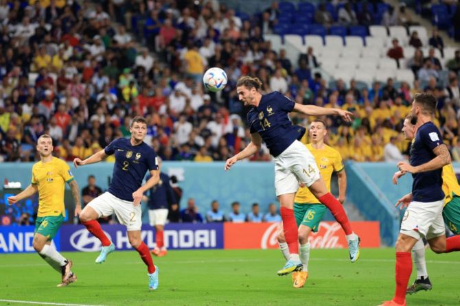 France's Adrien Rabiot scores the team's first goal against Australia at the Al Janoub Stadium