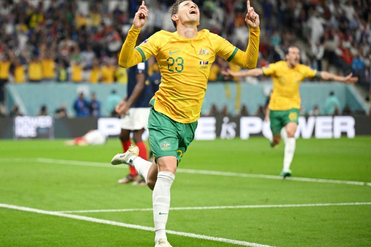 Australia's Craig Goodwin celebrates scoring his side's first goal.