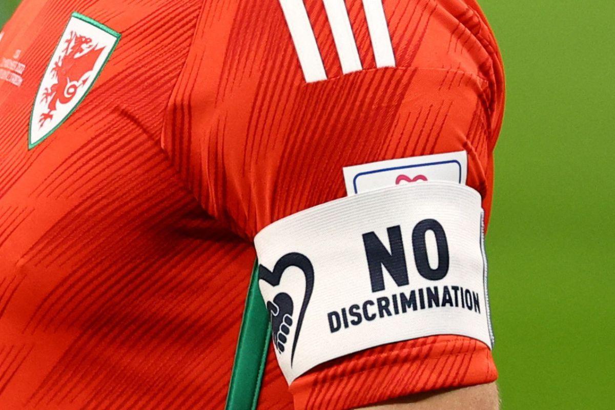 View of the armband of Wales' Gareth Bale before the match.