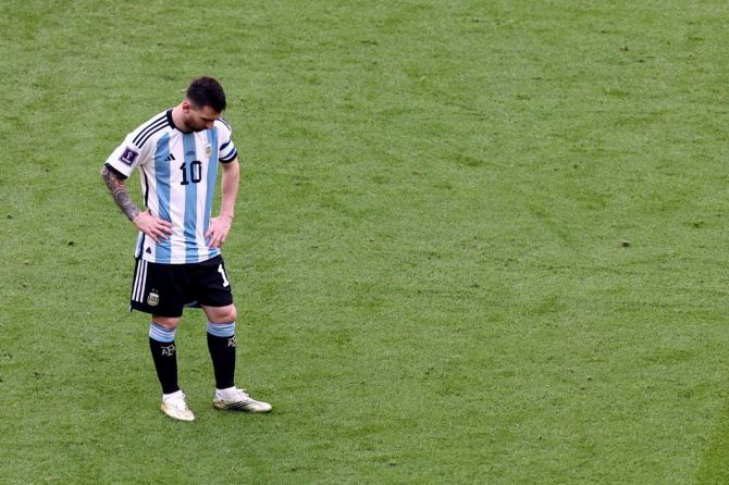 Argentina's Lionel Messi reacts after Saudi Arabia's Saleh Al-Shehri scores their first goal