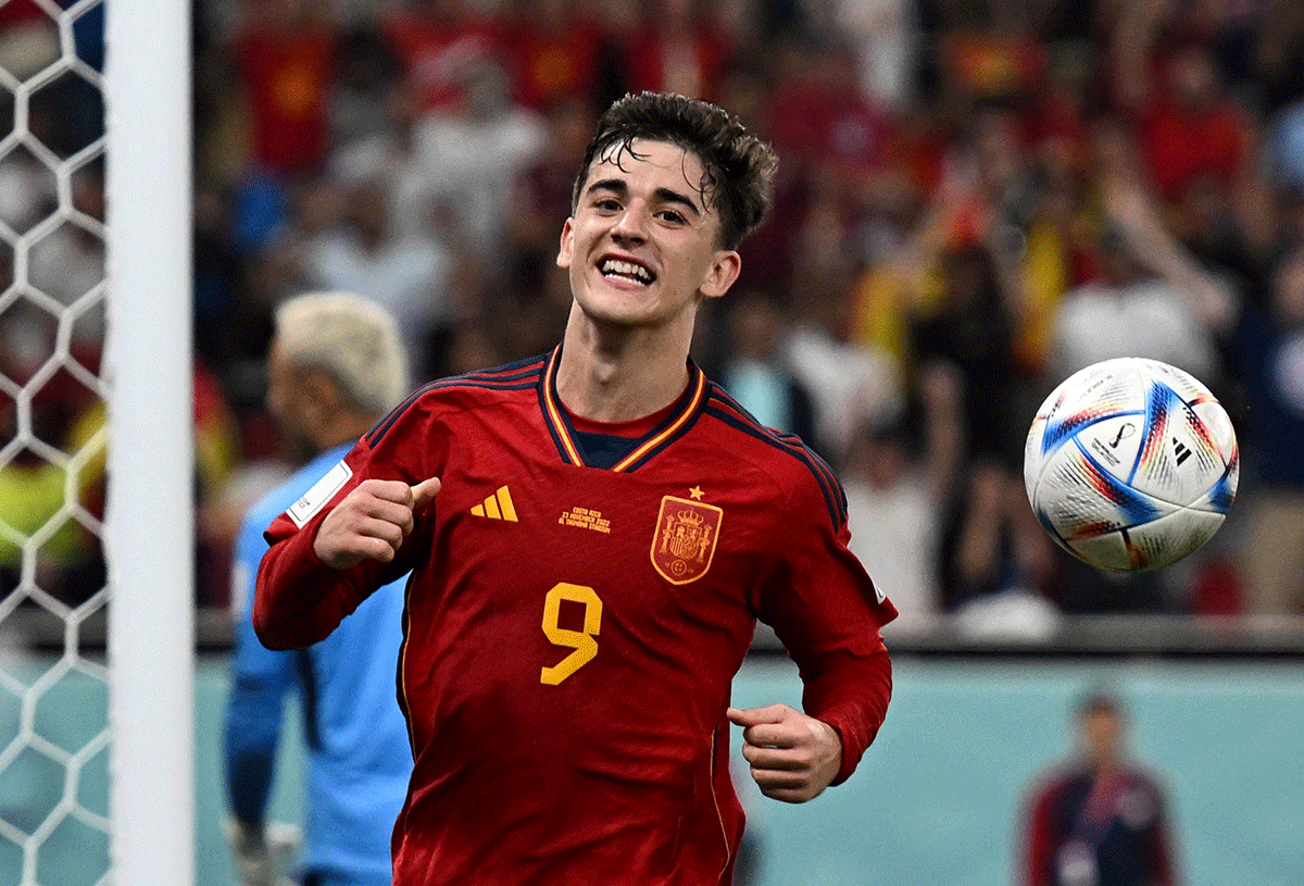 Spain's Gavi celebrates scoring their fifth goal against Costa Rica during their FIFA World Cup Group E match in Al Thumama Stadium, Doha, Qatar on Wednesday