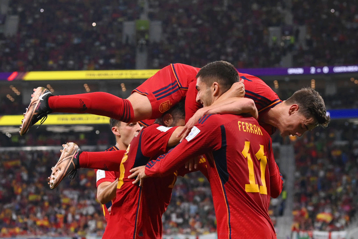 Spain's Ferran Torres (right) celebrates with teammates after scoring their team's third goal during the FIFA World Cup Group E match against Costa Rica at Al Thumama Stadium in Doha, Qatar, on Wednesday 