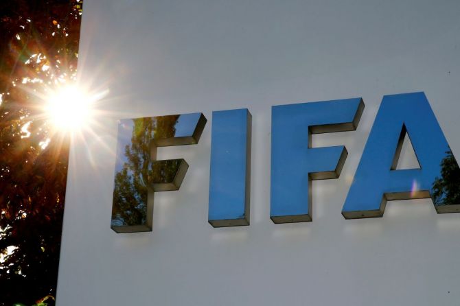The logo of FIFA is seen in front of its headquarters in Zurich, Switzerland