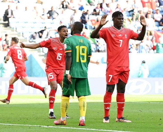 Switzerland’s Breel Embolo celebrates on scoring against Cameroon.