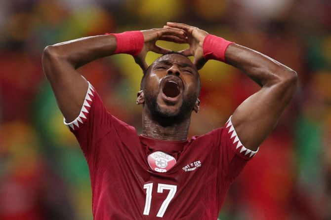 Qatar's Ismail Mohamad reacts after a missed chance to score.