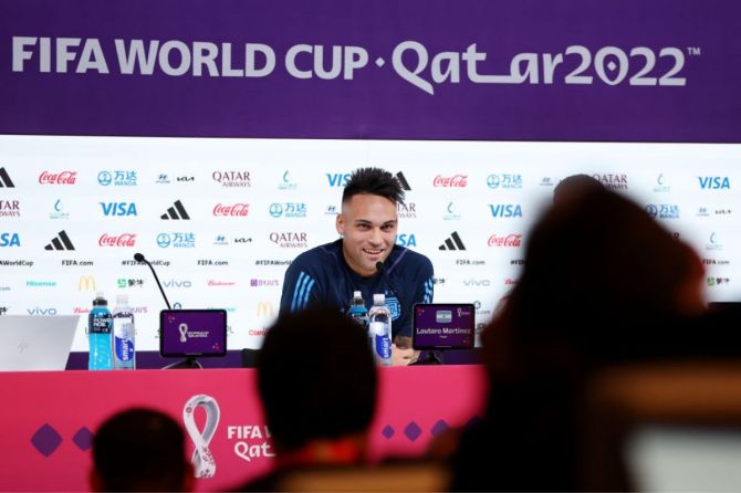 Argentina's Lautaro Martinez speaks during the Argentina Press Conference at the Main Media Center.
