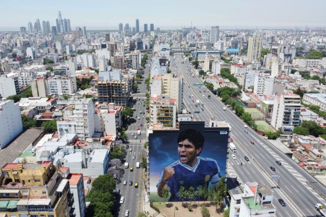 A mural depicting Argentine soccer legend Diego Armando Maradona made by artist Martin Ron, a day before the second anniversary of Maradona's death on November 25, in Buenos Aires