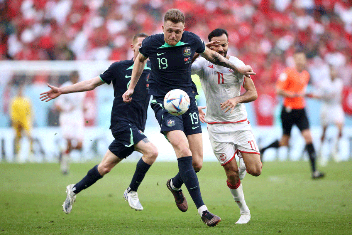 Australia's Harry Souttar controls the ball