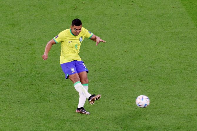 Brazil's Casemiro shoots at goal. 