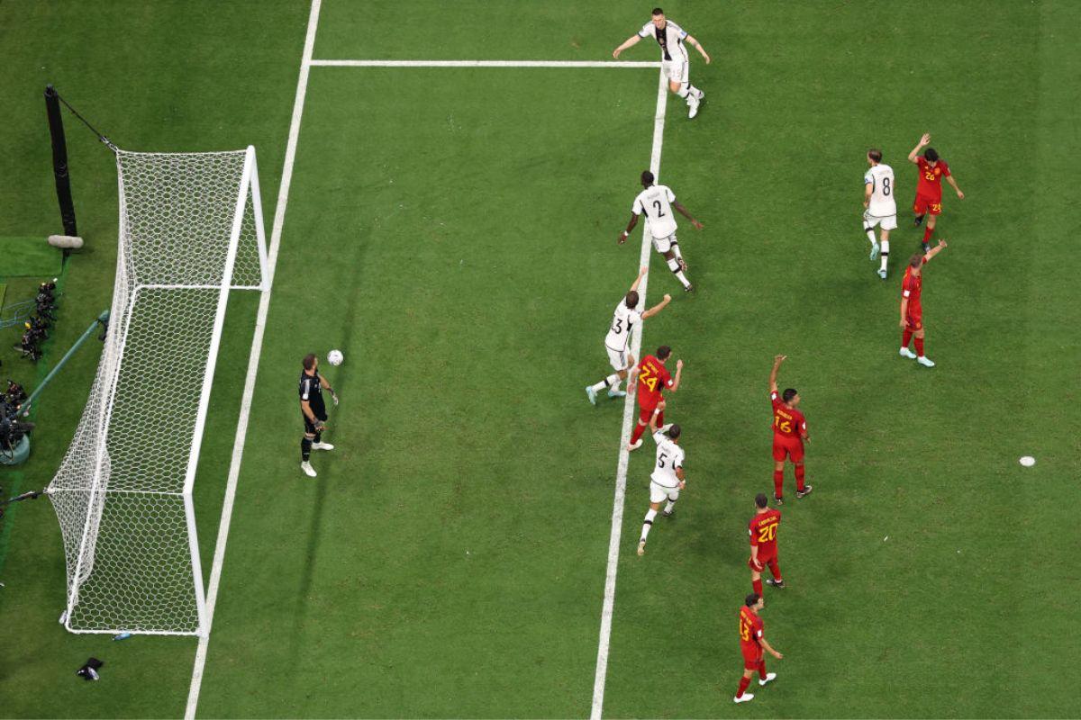 Antonio Ruediger of Germany celebrates after scoring their team's first goal later ruled offside during the FIFA World Cup Qatar 2022 Group E match between Spain and Germany