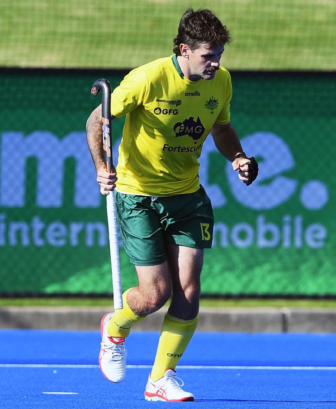 Australia's Blake Govers celebrates scoring a goal during the second hockey Test against India at MATE Stadium in Adelaide, on Sunday.