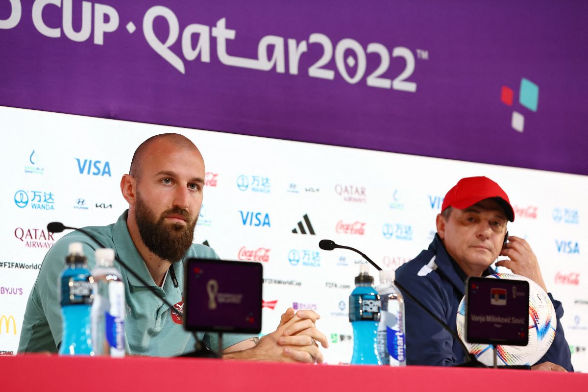 Serbia's Vanja Milinkovic-Savic and coach Dragan Stojkovic during the press conference