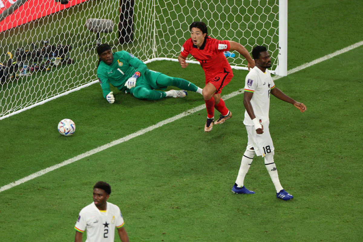 South Korea's Guesung Cho celebrates after scoring their team's second goal 