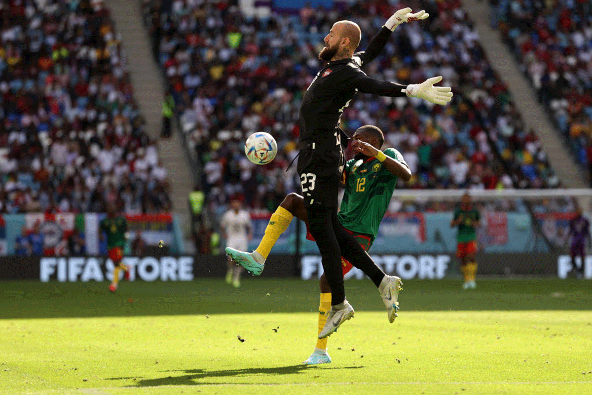 Serbia's Vanja Milinkovic-Savic and Cameroon's Karl Toko Ekambi compete for the ball