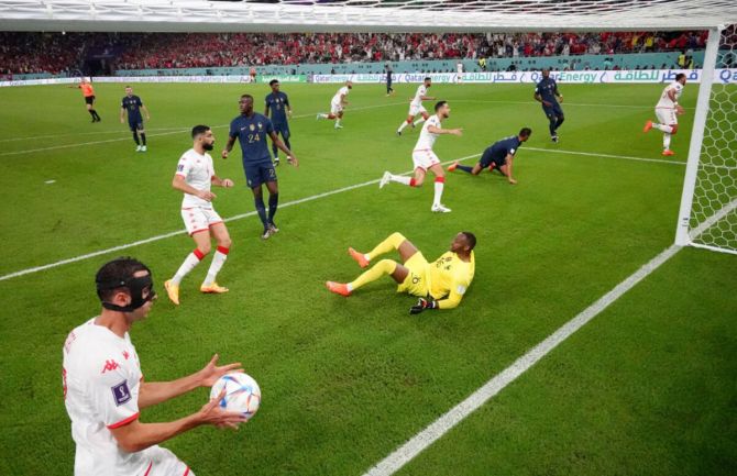 Nader Ghandri of Tunisia scoring a goal which is later disallowed after a VAR review during the FIFA World Cup Qatar 2022 Group D match between Tunisia and France