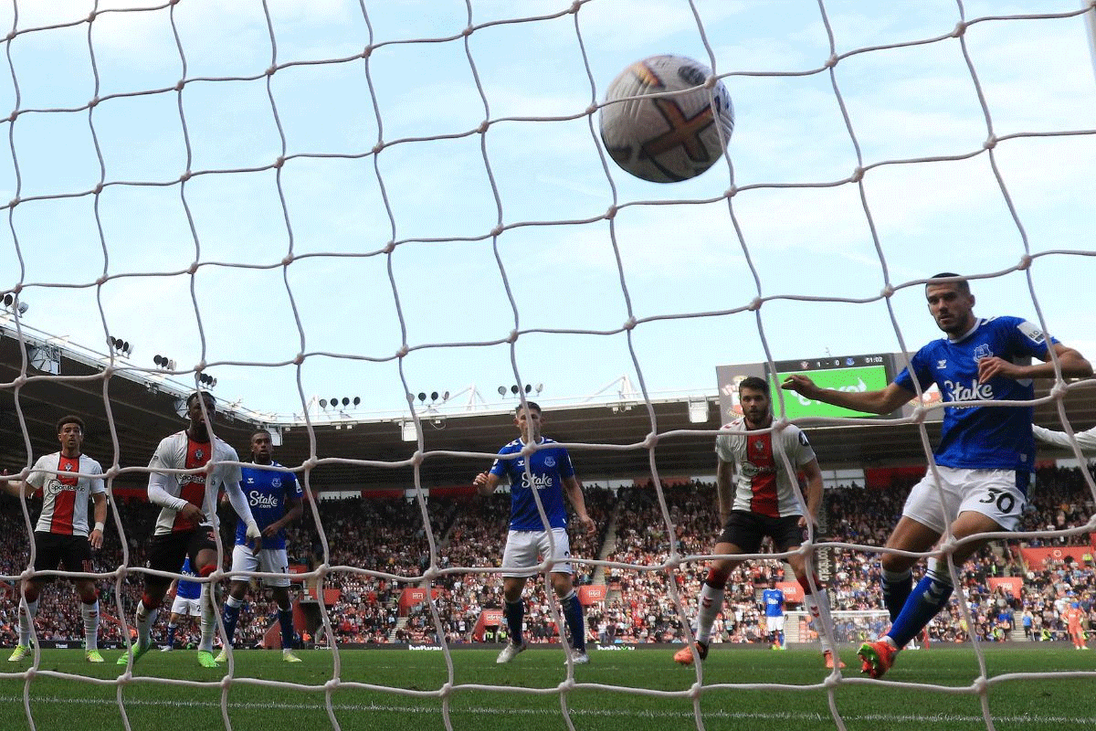 Everton's Conor Coady scores their first goal 