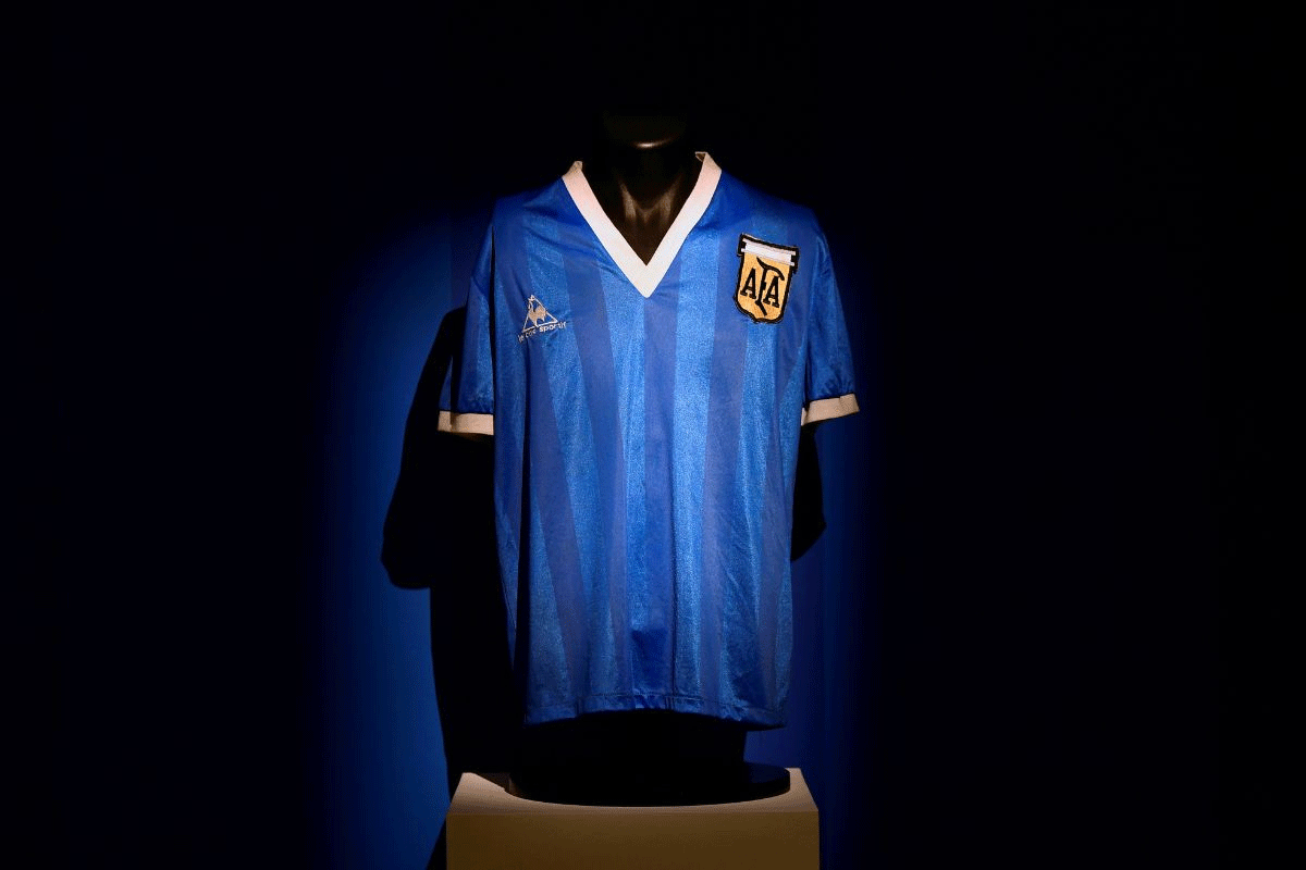 Diego Maradona's shirt worn in the 1986 World Cup quarter-final against England is displayed ahead of it being auctioned by Sotheby's, in London, Britain, on April 20, 2022.